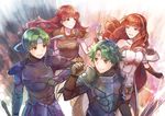  2girls alm_(fire_emblem) armor breastplate cape celica_(fire_emblem) commentary_request fire_emblem fire_emblem_echoes:_mou_hitori_no_eiyuuou fire_emblem_gaiden gauntlets green_hair headband holding holding_sword holding_weapon long_hair multiple_boys multiple_girls pauldrons red_hair smile sword weapon yukimiyuki 