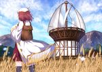  atelier_(series) atelier_lydie_&amp;_suelle atelier_sophie backpack bag black_legwear brown_hair building cloud coat day facing_away fence field frilled_legwear from_behind half-timbered head_scarf highres holding_strap kneehighs long_sleeves mountain numpopo open_clothes open_coat outdoors red_skirt skirt sky solo sophie_neuenmuller standing thighhighs wheat white_coat wide_sleeves windmill window wooden_fence 