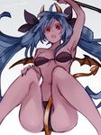  bare_legs bat_wings bikini black_bikini black_nails black_panties blue_hair bow breasts demon_girl demon_tail dizzy eyebrows_visible_through_hair fingernails guilty_gear guilty_gear_xrd hair_bow hand_up hands_up horns long_hair looking_at_viewer maka_(morphine) medium_breasts nail_polish navel open_mouth panties red_eyes ribbon simple_background sitting solo swimsuit tail tattoo thighhighs underwear white_background wings 