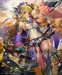  armor armpits asymmetrical_legwear bangs bare_shoulders bird blush branch breasts clenched_hand cloud cloudy_sky crown detached_sleeves feathers fingernails flower green_hair hair_feathers hair_ornament holding holding_sword holding_weapon impossible_clothes katana large_breasts liduke long_hair looking_at_viewer official_art outdoors parted_lips purple_eyes sengoku_saga short_shorts shorts single_thighhigh sky solo standing sunset sword thighhighs walking watermark weapon 