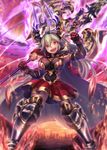  1girl :d armor armored_boots armored_dress axe breastplate breasts cape doraf elbow_gloves energy fang full_body fur-trimmed_gloves gloves granblue_fantasy grey_hair hair_between_eyes highres holding_weapon horns large_breasts long_hair open_mouth polearm poroze red_eyes sarasa_(granblue_fantasy) skirt smile solo standing teeth thighs weapon 