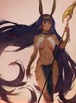  animal_ears arm_at_side bangle bangs bare_shoulders blurry bracelet bracer brown_background bunny_ears cropped_legs dark_skin earrings egyptian_clothes facial_mark fate/grand_order fate_(series) floating_hair hair_between_eyes hairband holding holding_staff hoop_earrings jewelry lips loincloth long_hair looking_away looking_to_the_side low-tied_long_hair navel nitocris_(fate/grand_order) parted_lips purple_eyes purple_hair revealing_clothes simple_background sola7764 solo staff standing stomach straight_hair striped two-tone_hairband vertical_stripes very_long_hair whisker_markings 