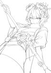  absurdres calligraphy_brush fate/grand_order fate_(series) flower greyscale hair_flower hair_ornament hairpin highres japanese_clothes katsushika_hokusai_(fate/grand_order) kimono lineart looking_at_viewer menea monochrome obi paintbrush sash short_hair 