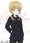  artist_name bangs black_coat black_pants blonde_hair bukkuri casual character_name character_signature closed_mouth cowboy_shot cursive cutlass_(girls_und_panzer) dated eyebrows_visible_through_hair girls_und_panzer hand_in_pocket light_frown long_sleeves looking_at_viewer pants short_hair signature simple_background sketch solo white_background yellow_eyes 