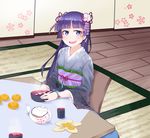  absurdres blush bracelet chopsticks flower food fruit gokou_ruri hair_flower hair_ornament highres indoors japanese_clothes jewelry kimono kotatsu long_hair mole mole_under_eye orange orange_slice ore_no_imouto_ga_konna_ni_kawaii_wake_ga_nai purple_eyes purple_hair sitting smile solo table tatami teapot techsupportdog zaisu 