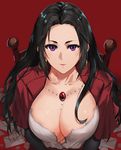  black_hair breasts capelet cattleya_baudelaire collarbone earrings envelope highres jewelry large_breasts long_hair looking_at_viewer mole mole_on_breast necklace open_clothes open_shirt pink_lips purple_eyes sendrawz shirt smile solo upper_body violet_evergarden 