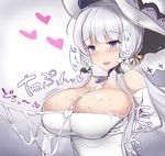  :d after_paizuri ahoge azur_lane bare_shoulders blue_eyes blush breast_hold breasts cleavage cum cum_on_body cum_on_breasts cum_on_upper_body cum_string detached_collar dress elbow_gloves futoshi gloves hair_ribbon heart huge_breasts illustrious_(azur_lane) long_hair low_ponytail open_mouth ponytail ribbon sidelocks smile solo tress_ribbon white_dress white_gloves white_hair 