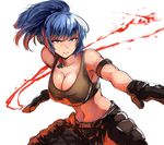  attack bangs bare_shoulders belt black_gloves blood blue_eyes blue_hair breasts cleavage closed_mouth commentary_request cowboy_shot dog_tags eyebrows_visible_through_hair frown gloves highres large_breasts legs_apart leona_heidern lolicept looking_at_viewer metal_slug midriff pants ponytail snk solo tank_top the_king_of_fighters whistle 