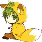  1boy :&lt; animal_ears anzu_(o6v6o) brown_pants chibi drawstring fox_ears fox_hood fox_tail green_eyes green_hair gumiya hood hood_up leaf leaf_on_head looking_back lowres male_focus pants simple_background sitting solo tail v-shaped_eyebrows vocaloid white_background yellow_hoodie 