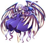  absurdly_long_hair angel_wings baba_(baba_seimaijo) barefoot blue_hair commentary_request dress earrings full_body highres jewelry long_hair long_sleeves multiple_wings sariel simple_background solo staff touhou touhou_(pc-98) very_long_hair white_background wings 