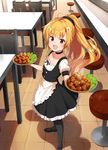  breasts cornelia_(isekai_guild_meshi) fang food highres isekai_guild_meshi isshiki_(ffmania7) maid open_mouth ponytail small_breasts solo table 