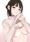  black_hair blush braid breasts brown_eyes clothes_lift covered_nipples dytm french_braid highres medium_breasts original ribbed_sweater solo sweater sweater_lift turtleneck underboob upper_body 