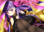  1girl bare_shoulders blush breasts cleavage collar fate/grand_order fate_(series) female gauntlets hair_ornament hair_ribbon huge_breasts kurot long_hair looking_at_viewer o-ring pantyhose passion_lip pink_eyes purple_hair ribbon sitting solo weapon 