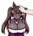  alternate_costume alternate_hairstyle animal_ears black_choker black_hair black_sclera black_skin blush breasts burning_eyes bursting_breasts choker cleavage commentary dog_ears eyebrows_visible_through_hair fang fang_out frown fur hand_on_another's_head hellhound highres huge_breasts long_hair monster_girl_encyclopedia nav out_of_frame petting pov pov_hands red_eyes simple_background solo_focus twintails upper_body white_background 