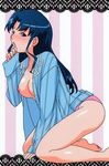  barefoot blue_eyes blue_hair blush breasts fujiwara_aya hand_on_own_chin highres long_sleeves looking_at_viewer medium_breasts nipples no_pants nose_blush official_art open_clothes open_mouth open_shirt panties pink_panties shirt solo striped striped_background striped_shirt super_real_mahjong tanaka_ryou underwear vertical-striped_background vertical-striped_shirt vertical_stripes 