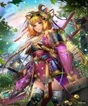  animal_ears armor arrow bangs bird blonde_hair blunt_bangs bracer branch bridal_gauntlets commentary_request contrapposto cowboy_shot day fingernails hairband japanese_armor japanese_clothes jewelry katana kusazuri liduke long_hair looking_at_viewer nature obi official_art outdoors parent parted_lips pelvic_curtain purple_eyes quiver ring sash scabbard sengoku_saga sheath sheathed solo sparrow standing sword thighhighs tree watermark weapon white_legwear 