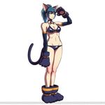  alternate_costume animal_ears bell bell_choker bikini black_bikini blue_hair breasts cat_ears cat_tail choker cleavage detached_sleeves earrings full_body gloves green_eyes highres jewelry jingle_bell kemonomimi_mode leona_heidern medium_breasts metal_slug metal_slug_attack navel official_art ogura_eisuke paw_gloves paw_shoes paws salute shoes snk snk_heroines:_tag_team_frenzy solo standing swimsuit tail the_king_of_fighters toned white_background 