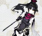  android bangs bare_shoulders black_gloves black_hair black_leotard breasts closed_mouth covered_navel cowboy_shot dutch_angle elbow_gloves eyebrows eyebrows_visible_through_hair fate/grand_order fate_(series) floral_background flower frown gloves hair_ribbon high_ponytail holding holding_sword holding_weapon katou_danzou_(fate/grand_order) kusakanmuri leaf legs_apart leotard long_hair looking_at_viewer looking_away looking_to_the_side medium_breasts no_nose parted_bangs pink_ribbon pink_scarf ribbon robot_joints scarf silver_background solo standing sword weapon white_skin yellow_eyes 