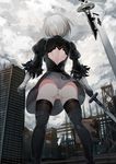  ass back_cutout black_dress black_legwear building cloud cloudy_sky dress facing_away feather-trimmed_sleeves from_behind gloves highres holding holding_sword holding_weapon leotard leotard_under_clothes long_sleeves marie_mushroom nier_(series) nier_automata outdoors panties pantyshot pantyshot_(standing) short_hair silver_hair sky skyscraper solo standing sword thighhighs thighhighs_under_boots underwear weapon wind wind_lift yorha_no._2_type_b 