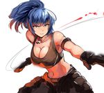  attack bangs bare_shoulders belt black_gloves blood blue_eyes blue_hair breasts cleavage closed_mouth commentary_request cowboy_shot dog_tags eyebrows_visible_through_hair frown gloves large_breasts legs_apart leona_heidern lolicept looking_at_viewer metal_slug midriff pants ponytail snk solo tank_top the_king_of_fighters whistle 