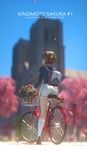  artist_name backpack bag bicycle bicycle_basket black_footwear black_shirt blue_sky blurry blurry_background brown_hair building cardcaptor_sakura character_name cherry_blossoms day depth_of_field flower from_behind full_body green_eyes ground_vehicle highres ibara_dance kinomoto_sakura kneehighs long_sleeves looking_afar miniskirt no_pupils outdoors parted_lips petals plant potted_plant shirt shoes short_hair skirt sky solo spring_(season) sunlight tomoeda_middle_school_uniform white_legwear white_skirt 