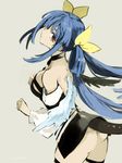  ass asymmetrical_wings blue_hair breasts dizzy guilty_gear guilty_gear_xrd hair_ribbon long_hair looking_at_viewer maka_(morphine) medium_breasts red_eyes ribbon simple_background solo tail thighhighs twintails wings 
