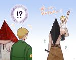  apron blonde_hair boots breasts carrying commentary_request crossover hat heather_mason helmet jacket james_sunderland kaniharu miniskirt monster multiple_boys pyramid_head short_hair silent_hill silent_hill_(movie) silent_hill_2 silent_hill_3 skirt sleeveless vest watch weapon wristband 