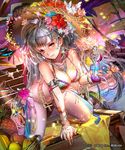  bare_shoulders basket between_breasts bikini bird blush bracelet breasts cup drinking_glass drinking_straw dutch_angle earrings fingernails flower food fruit green_nails hair_flower hair_ornament hairclip hat holding jewelry kneeling large_breasts liduke long_hair looking_at_viewer nail_polish necklace official_art outdoors pineapple purple_eyes seagull sengoku_saga silver_hair smile solo straw_hat swimsuit table watermark 