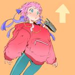  :o andrea_cofrancesco blue_pants blush blush_stickers cassette_player cassette_tape dice dice_earrings directional_arrow earrings fingernails hood hood_down hoodie jewelry long_sleeves orange_background original pants parted_lips pink_hair reddit short_hair solo zipper 