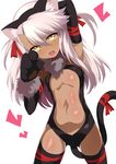  absurdres animal_ears arm_behind_head arm_up armpits black_gloves black_legwear black_leotard cat_ears cat_tail center_opening chloe_von_einzbern commentary_request dark_skin elbow_gloves eyebrows_visible_through_hair fake_animal_ears fate/kaleid_liner_prisma_illya fate_(series) flat_chest gloves hairband highres leotard long_hair open_mouth paw_gloves paw_pose paws pink_hair shimejinameko smile solo tail tail_raised thighhighs two_side_up yellow_eyes 