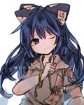  blue_eyes blue_hair bracelet crying crying_with_eyes_open debt hair_ribbon hood hoodie jewelry long_hair looking_at_viewer one_eye_closed ribbon sad_smile sato_imo solo tears touhou translated upper_body yorigami_shion 