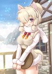  alpaca_ears alpaca_suri_(kemono_friends) alpaca_tail animal_ears breast_pocket commentary dated day eyebrows_visible_through_hair fur-trimmed_sleeves fur_collar fur_trim hair_over_one_eye inoue_tomii kemono_friends long_sleeves looking_at_viewer medium_hair no_pants open_mouth outdoors pocket purple_eyes scarf smile solo standing sweater tail upper_body v_arms 