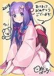  2018 absurdres akeome alternate_hairstyle bangs blue_bow blunt_bangs blush bow chinese_zodiac closed_mouth commentary crescent eyebrows_visible_through_hair fingernails hair_ribbon happy_new_year highres japanese_clothes kimono long_hair long_sleeves new_year obi orange_background patchouli_knowledge pink_bow pink_kimono purple_eyes purple_hair ribbon sash seiza signature sitting smile socks solo touhou translated tress_ribbon vanilla_(miotanntann) white_legwear year_of_the_dog 