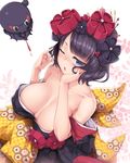  bare_shoulders black_hair black_kimono blue_eyes blush breasts commentary_request fate/grand_order fate_(series) flower hair_flower hair_ornament hair_twirling hairpin highres japanese_clothes katsushika_hokusai_(fate/grand_order) kimono looking_at_viewer medium_breasts nakano_sora obi octopus one_eye_closed paintbrush sash short_hair solo tokitarou_(fate/grand_order) 