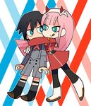  1girl :p black_hair blue_eyes bright_pupils chibi darling_in_the_franxx eyelashes highres hiro_(darling_in_the_franxx) hug long_hair looking_at_another mato_(mozu_hayanie) military military_uniform pantyhose pink_hair shorts standing tongue tongue_out uniform zero_two_(darling_in_the_franxx) 