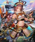  armor armpits bare_shoulders belt blue_sky bracer cloud cloudy_sky contrapposto cowboy_shot detached_sleeves eyeshadow faulds hair_between_eyes hairband hand_up holding holding_weapon japanese_armor katana liduke long_hair looking_at_viewer makeup midriff multiple_girls navel official_art outdoors pink_eyes purple_hair sengoku_saga sky solo_focus standing sword watermark weapon 