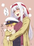  1girl :d age_difference blonde_hair blush breasts commentary_request hair_between_eyes hat headband heart ishii_hisao kantai_collection large_breasts little_boy_admiral_(kantai_collection) long_hair long_sleeves open_mouth peaked_cap red_headband red_sweater short_hair shoukaku_(kantai_collection) smile sweater tongue tongue_out translated white_hair yellow_eyes 