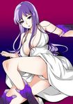  1girl arm_grab athena bare_arms bare_legs bare_shoulders breasts cameltoe cleavage collarbone dress erect_nipples gradient_background highres kido_saori large_breasts leg_grab legs long_hair looking_at_viewer lying matching_hair/eyes panties pantyshot parted_lips purple_eyes purple_hair saint_seiya simple_background sleeveless solo_focus thighs underwear white_dress white_panties 
