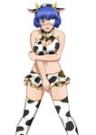  1girl bell bell_collar blue_eyes blue_hair blush breasts cleavage cleavage_cutout collar cow_bell cow_ears cow_girl cow_horns cow_print eyepatch headband heart_cutout horns ikkitousen large_breasts midriff miniskirt mole mound_of_venus navel ryomou_shimei skirt solo tagme thighhighs 