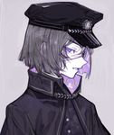  black_hat blue_eyes coat eyebrows_visible_through_hair grey_background grey_hair hair_between_eyes hat high_collar looking_at_viewer original parted_lips peaked_cap rosette_(yankaixuan) simple_background solo upper_body 