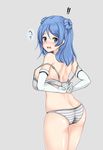  ? ass bad_id bad_pixiv_id blue_eyes blue_hair blush breasts double_bun elbow_gloves embarrassed gloves grey_background highres kantai_collection large_breasts looking_at_viewer looking_back nose_blush open_mouth panties partially_undressed sideboob simple_background skindentation solo striped striped_panties underwear urakaze_(kantai_collection) white_gloves white_panties z5987 