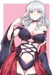  ass_visible_through_thighs bangs blush breasts carmilla_(fate/grand_order) cleavage commentary_request detached_sleeves eyebrows_visible_through_hair fate/grand_order fate_(series) haruyuki_(yukichasoba) large_breasts long_hair looking_at_viewer navel silver_hair sketch solo strap thigh_gap yellow_eyes 