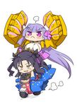  :&lt; black_hair bull chibi earrings fate/grand_order fate_(series) ground_vehicle gugalanna ishtar_(fate/grand_order) ishtar_(swimsuit_rider)_(fate) jewelry long_hair mechanical_arm motor_vehicle multiple_girls passion_lip purple_eyes purple_hair scooter stroma tsurime vespa yellow_eyes 