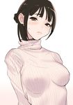  black_hair blush braid breasts brown_eyes commentary_request covered_nipples dytm french_braid highres original ribbed_sweater solo sweater turtleneck upper_body 