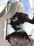  ass back_cutout brown_eyes dark_skin day from_behind guilty_gear guilty_gear_xrd highres juliet_sleeves long_hair long_sleeves looking_away maka_(morphine) miniskirt open_window panties pantyshot pantyshot_(standing) pleated_skirt puffy_sleeves ramlethal_valentine ribbon skirt sky solo standing thigh_strap thighhighs underwear white_hair white_panties wind wind_lift window 