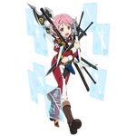  axe boots full_body hair_ornament hairclip highres holding holding_axe holding_sword holding_weapon interface lisbeth long_sleeves mace official_art open_mouth pink_eyes pink_hair red_eyes short_hair solo sword sword_art_online too_many transparent_background weapon 