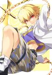  bangs belt blonde_hair camouflage camouflage_shorts chain child_gilgamesh commentary_request crop_top enkidu_(weapon) eyebrows_visible_through_hair fate/grand_order fate_(series) gate_of_babylon grin hair_between_eyes highres holding holding_weapon jacket jumping long_sleeves looking_at_viewer male_focus natsuko_(bluecandy) open_clothes open_jacket parted_lips polearm poleaxe red_eyes shoes shorts smile solo weapon white_jacket 