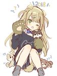  2018 ;o animal animal_ears bad_id bad_pixiv_id bangs black_shirt blonde_hair blue_neckwear blush bone_hair_ornament bow bowtie chinese_zodiac closed_eyes colored_eyelashes dog dog_ears dog_girl dog_tail eyebrows_visible_through_hair fang gloves green_eyes grey_legwear hair_between_eyes hair_ornament hairclip highres leaning_to_the_side long_hair long_sleeves mafuyu_(chibi21) one_eye_closed original paw_gloves paws shirt short_shorts shorts sketch sleeping socks solo striped striped_shorts tail very_long_hair white_background year_of_the_dog zzz 