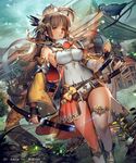  armor armpits asymmetrical_legwear bangs bare_shoulders bird blush branch breasts brown_eyes brown_hair clenched_hand crown detached_sleeves feathers fingernails flower hair_feathers hair_ornament holding holding_sword holding_weapon impossible_clothes katana large_breasts liduke long_hair looking_at_viewer official_art outdoors parted_lips scabbard sengoku_saga sheath short_shorts shorts single_thighhigh solo standing sword thighhighs walking watermark weapon 