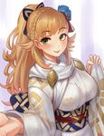  2018 alternate_costume alternate_hairstyle blue_bow blush bow braid breasts edward_montenegro eyebrows_visible_through_hair fire_emblem fire_emblem_heroes flower french_braid green_eyes hair_flower hair_ornament happy_new_year japanese_clothes kimono large_breasts lips long_hair looking_at_viewer new_year obi ponytail reaching sash sharena solo upper_body white_kimono 
